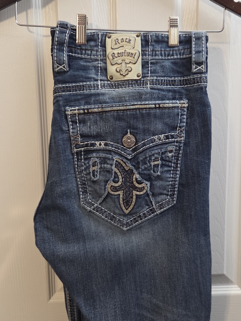 Rock Revival Pruitt Straight Jeans 40x32 Embroidered Fleur De Lis Y2K